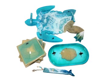 8pcs Handmade Epoxy Resin Set Sea Turtle Serving Tray Tropical Island Coasters Trinket Tray Beach Bookmark Ring Holder Coastal Barware Gift