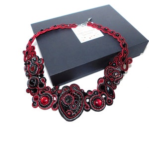 Handmade Bead Embroidered Soutache Bib Necklace with Hematite Garnet Rhinestones Red Black Event Choker Unique Jewelry Gift Glam Wedding image 7