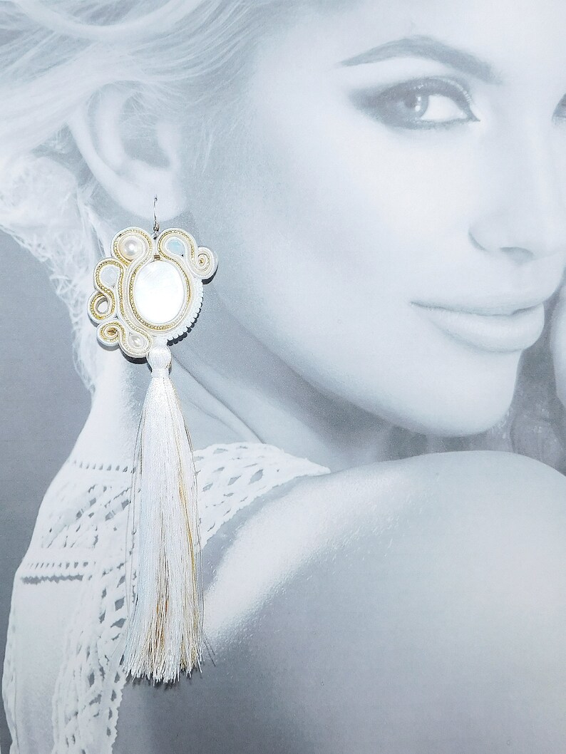 Freshwater Pearl White Gold Long Earrings Bridesmaid Statement Earrings Gold-Filled Earwire Soutache Tassel Earrings with Mother-of-Pearl