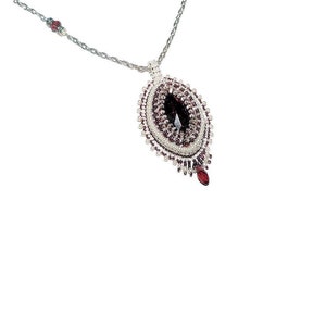 Handmade Bead Embroidered Pendant Necklace Burgundy Maroon Marquise Glass Rhinestone on 18.5 Inch Silver-Tone Chain Wedding Jewelry Gift Her