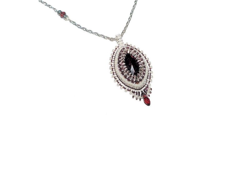 Handmade Bead Embroidered Pendant Necklace Burgundy Maroon Marquise Glass Rhinestone on 18.5 Inch Silver-Tone Chain Wedding Jewelry Gift Her