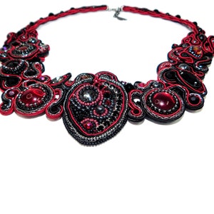 Handmade Bead Embroidered Soutache Bib Necklace with Hematite Garnet Rhinestones Red Black Event Choker Unique Jewelry Gift Glam Wedding image 5