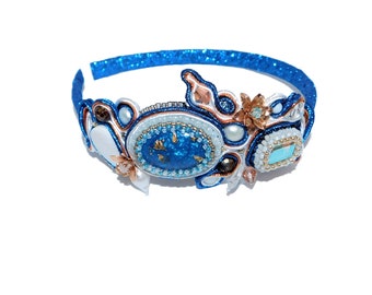 Bead Embroidered Soutache Headband with Handmade Epoxy Resin Cabochon Rhinestones Freshwater Pearls Blue Rose Gold Head Band Hair Accessory