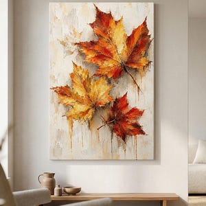 Muurdecoratie met esdoornbladeren in de herfst, canvasprint, herfstbladeren decoratie, rustieke boerderijstijl wanddecoratie, warm botanisch natuurkunstwerk, woonkamerdecoratie
