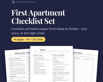First Apartment Checklist Set Printable, Moving Into New Apartment Essentials List, Dorm Room Checklist, First Month Budget, Roommate PDF