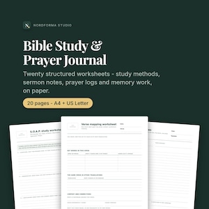 Può includere: Un diario di studio biblico e preghiera con venti schede strutturate per metodi di studio, appunti di sermoni, registri di preghiera e memorizzazione. Include 20 pagine in formato A4 e US Letter, con schede S.O.A.P. e Verse mapping visibili.
