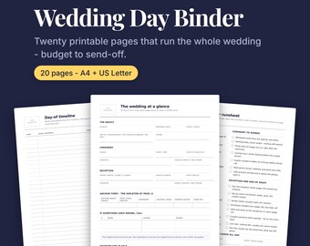 Carpeta imprimible para el día de la boda, libro de planificación de bodas en PDF, cronograma del coordinador del día, seguimiento de pagos del presupuesto, lista de invitados, kit de emergencia