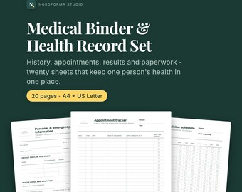 医療用バインダー（印刷可能）、健康記録セット、病歴、予約、服薬状況トラッカー、20ページ、A4 + USレターサイズ