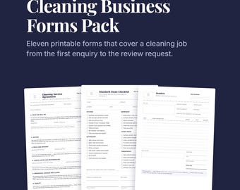 Paquete de formularios para empresas de limpieza: contrato de servicio, presupuesto, listas de verificación, factura (PDF imprimible).