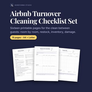 Puede incluir: Un conjunto de dieciséis páginas imprimibles de listas de control de limpieza para Airbnb en tamaños A4 y Letter. Los documentos incluyen tareas de limpieza por habitaciones, seguimiento de suministros, inventarios y registros de daños.