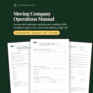 May include: A digital Moving Company Operations Manual by Nordforma Studio featuring 26 documents and 36 pages in A4 and US Letter sizes. The manual includes forms for home surveys, inventory walk-throughs, pre-move condition reports, and truck loading.