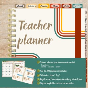 Puede incluir: Una agenda digital para docentes con encuadernación en espiral, con una portada color crema y rayas retro en rojo, naranja y verde azulado. La portada muestra el texto Teacher planner y pestañas etiquetadas como Anual, Calendario, Horarios, Clases, Tutorias y Temporalización.