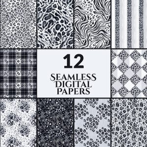 Puede incluir: Una colección de 12 papeles digitales sin costuras con varios patrones en blanco, negro y gris, incluyendo manchas de leopardo, rayas de cebra, cuadros, diamantes y motivos florales, con el texto 12 SEAMLESS DIGITAL PAPERS en el centro.