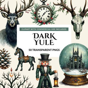 Könnte beinhalten: Eine digitale Sammlung von Dark Yule Cliparts mit einem Hirschkopf, einer Taschenuhr mit Tannenzweigen, einem Hirschschädel, einem Tannenzapfen, einem schwarzen Pferd, einem Nussknacker mit Laterne und einer Schneekugel mit Kathedrale.