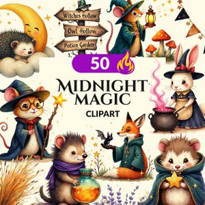 May include: A digital collection of 50 Midnight Magic clipart illustrations featuring anthropomorphic animals including mice, hedgehogs, a fox, and a rabbit dressed in wizard attire, alongside magical elements like a cauldron, lanterns, and signs.