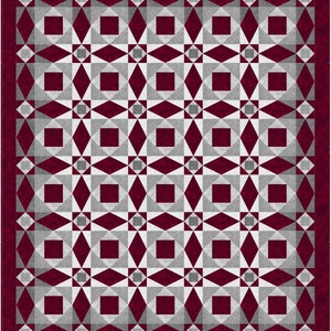 Puede incluir: Una colcha de patrón geométrico con un diseño repetitivo de cuadrados y diamantes de color burdeos y gris. La colcha tiene un borde burdeos.