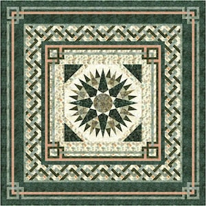 May include: A square quilt with a central starburst design in shades of green, beige, and brown. The quilt features intricate geometric patterns, including a border with a repeating knot design and a pale pink accent. The overall aesthetic is traditional.