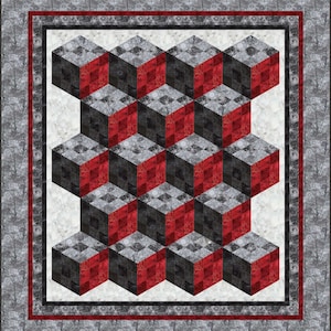 May include: A quilt with a geometric pattern of red, black, and gray cubes. The cubes are arranged in a repeating pattern, creating an optical illusion of depth.
