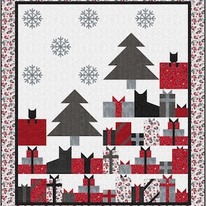 May include: A white background with a winter scene featuring two gray trees, black cats, and red and gray presents. The scene is decorated with snowflakes.