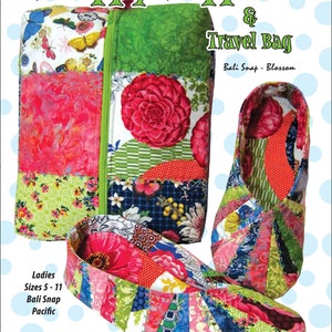 Pode incluir: Um padrão de costura para chinelos e uma bolsa de viagem. O padrão apresenta um design floral colorido e é feito com tecido Bali Snap. O padrão é para tamanhos femininos 5-11. O padrão é chamado de "Snappy Slippers & Travel Bag" e é de Gersi Richards. O padrão é protegido por direitos autorais 2013.