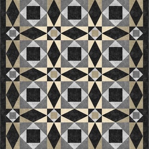 Könnte beinhalten: Schwarz-weißer geometrischer Teppich mit beigefarbenen Akzenten. Der Teppich hat ein sich wiederholendes Muster aus Quadraten und Rauten.