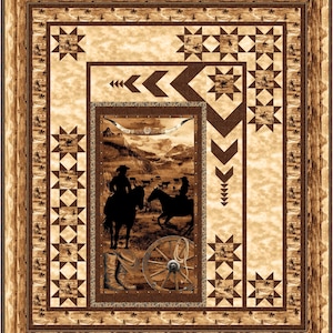 May include: A brown and tan quilt with a western theme. The center of the quilt features a silhouette of two cowboys riding horses in a desert landscape. The quilt is surrounded by a brown frame with a geometric pattern.