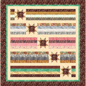 May include: A quilt with a beige background and a pattern of brown, green, and white stripes. The stripes are arranged in a repeating pattern, and each stripe is bordered by a thin line of a different color. The quilt is decorated with five-pointed stars in the corners and center.