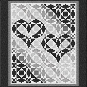May include: Black and white geometric pattern with two heart shapes formed by the pattern. The background is a gradient of gray.