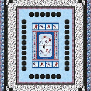 May include: A blue and white hockey themed quilt with a black border. The center of the quilt features a hockey rink with players in red, white, and blue uniforms. The words "HOME" and "VISITOR" are printed on the quilt.
