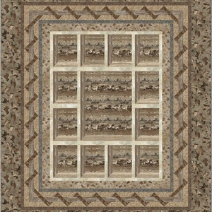 May include: A quilt with a brown, beige, and gray color scheme. The quilt features a repeating pattern of horses running across a field. The horses are surrounded by a decorative border.