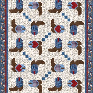 May include: A patchwork quilt featuring a repeating pattern of cowboy boots, hearts, and plaid elements. The boots are brown and blue, with a horseshoe background. The quilt has a blue border with a red inner border.
