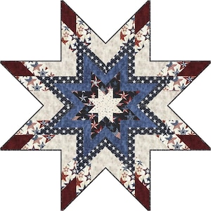 Może przedstawiać: Gwiaździsta kołdra w kolorze czerwonym, białym i niebieskim z patchworkowym wzorem. Kołdra zawiera różne gwiazdy w różnych rozmiarach i wzorach.