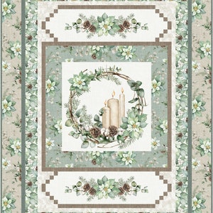 May include: A white background with a green and brown wreath with three white candles in the center. The wreath is surrounded by a white border with a green and brown floral pattern.
