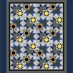 May include: A geometric quilt with a repeating pattern of stars and triangles in shades of blue, gray, black, and yellow. The quilt has a dark blue border and a gray inner border.