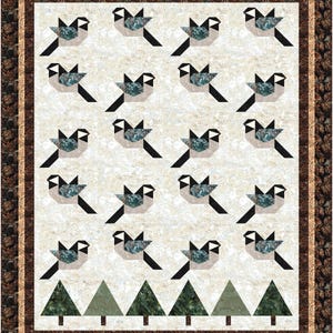 May include: A quilted wall hanging featuring a repeating pattern of stylized birds with black wings and teal accents. The birds are set against a cream-colored background with a subtle floral pattern. The bottom of the quilt features green triangle trees. The quilt is framed with a brown border.