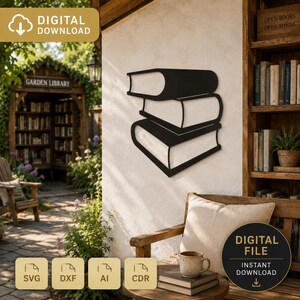 May include: A black metal wall art piece featuring a stack of three books mounted on a white wall. The design consists of clean, bold lines forming the silhouettes of the books. The image includes digital download icons and file format labels.