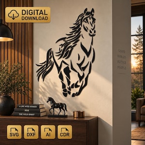 May include: A black wall-mounted horse silhouette art piece featuring a flowing mane and tail. The design includes text labels for DIGITAL DOWNLOAD, SVG, DXF, AI, and CDR file formats. The wall also displays the text GOOD HORSES BETTER PEOPLE.