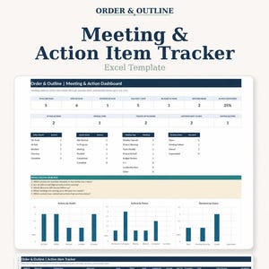 May include: A digital Meeting & Action Item Tracker Excel template featuring a dashboard with summary metrics, bar charts for action and decision status, and a detailed tracking table. The layout includes sections for meeting logs and decision logs.