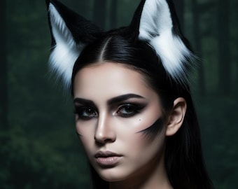 Wolfsohren-Haarreif, Kostümset mit Fellschwanz, schwarz-weißes Kunstfell, Halloween-Cosplay-Tieraccessoire