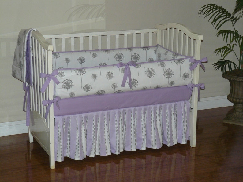 Custom Made Girl Baby Bedding Lilac And Gray Dandelion Stripe 2 4pc Crib Set