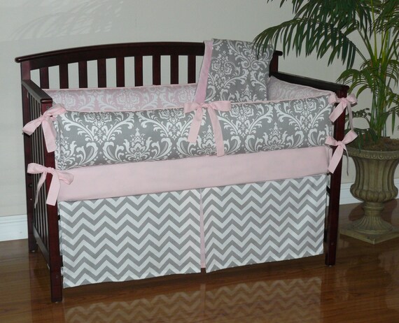 Baby Bedding Light Baby Pink Gray Damask Chevron 3 5pc Etsy