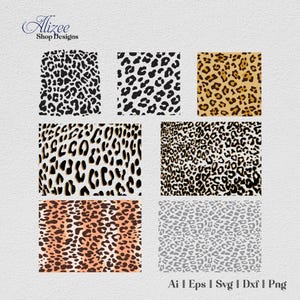 May include: A collection of six distinct leopard print patterns displayed in a grid. The designs feature various color combinations including black and white, tan and brown, and orange and black, showcasing different sizes and shapes of animal spots.