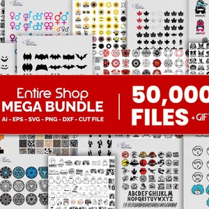 May include: A digital design mega bundle featuring 50,000 files in AI, EPS, SVG, PNG, and DXF formats. The image displays a wide variety of graphic icons, including animals, holiday themes, symbols, and text-based illustrations on a white background.