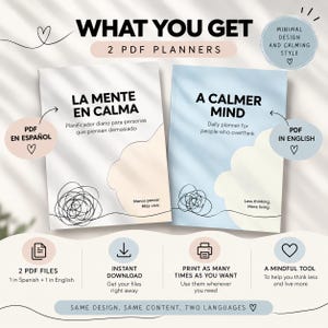 Puede incluir: Dos planificadores PDF digitales titulados La Mente en Calma y A Calmer Mind. Cada portada presenta un garabato de línea negra, formas pastel suaves y texto. Los planificadores están diseñados para el uso diario en español e inglés.