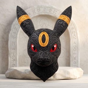 May include: A black, sculpted animal head wall mount featuring intricate, swirling patterns across its surface. It has two tall, pointed ears with gold bands, a gold oval emblem on the forehead, and piercing red eyes. The design is symmetrical and detailed.