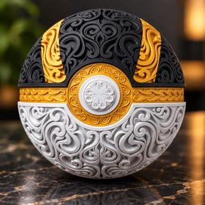 May include: A spherical object featuring a black upper hemisphere and a white lower hemisphere, both decorated with intricate, raised scrollwork patterns. A central horizontal band and a circular button are accented in bright yellow and white.