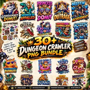 May include: A digital collection of over 30 colorful graphic illustrations featuring cats, dinosaurs, and fantasy characters with text overlays including phrases like Goddammit Donut, This Is An Outrage, Mongo Is Appalled, and New Achievement.