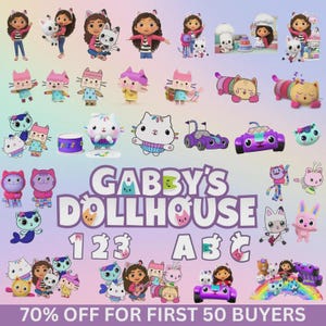 Puede incluir: Una colección de pegatinas y gráficos de Gabby's Dollhouse con Gabby, Pandy Paws, Cakey y otras figuras, vehículos y pasteles con temática de gatos. El texto dice GABBY'S DOLLHOUSE, 1 2 3 y A B C sobre un fondo de degradado pastel suave.