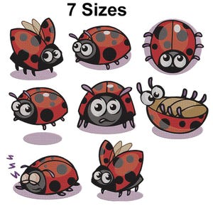 8 Cute Ladybug Machine Embroidery Designs, 7 Inch Cartoon Bug Bundle, PES DST Files