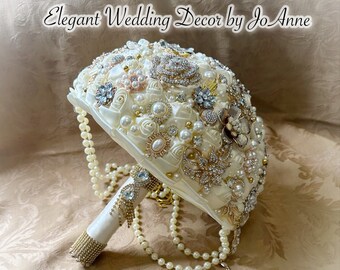 Large Ivory and Gold Bridal Brooch Bouquet, Brooch Bouquet, Ready to Ship